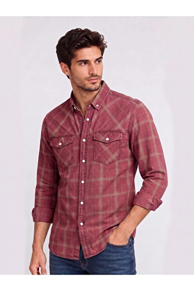 FSR FUSARO Erkek Denim Ekose Pamuklu Çıtçıt Düğmeli Slim Fit Uzun Kollu Gömlek