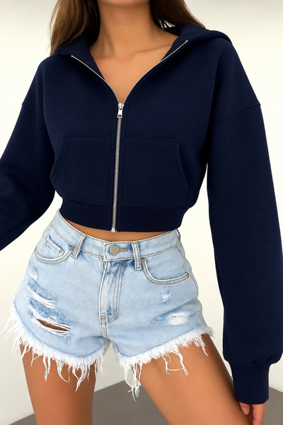 BYMEER Lacivert Kapşonlu Fermuarlı Crop Sweatshirt Hırka