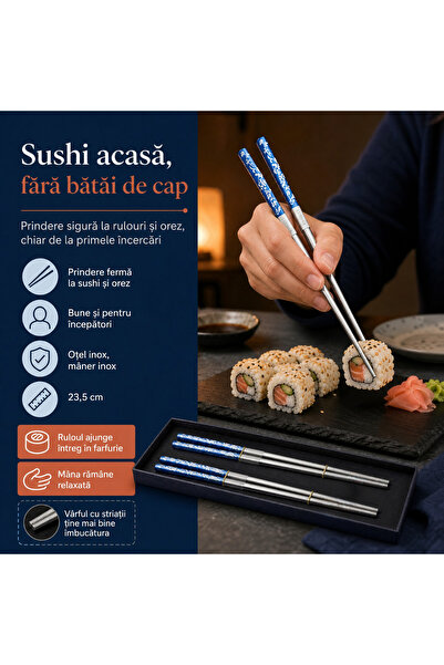 LUDORA Bete chinezesti, pentru mancare, din inox, set de 2, LUDORA®,, rezistente la spalare, anti-alunecare