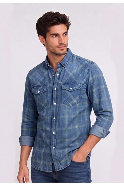 FSR FUSARO Erkek Denim Ekose Pamuklu Çıtçıt Düğmeli Slim Fit Uzun Kollu Gömlek