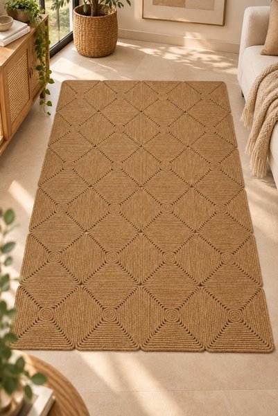 MaVaux Mireya Dekoratif Hasır Jüt Kilim – Halat Örgü Dokulu, Geometrik Kare Desenli, El İşçiliği , Doğal Tasarım, Salon, Antre ve Ev Dekorasyonu İçin Kilim