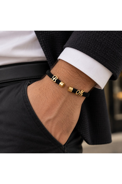 simurg jewellery Altın Kaplama Gümüş Elyazısı Harfli Siyah Çelik