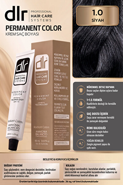 DLR Color Kalıcı Saç Boyası 60ml 1.0 Siyah - Yoğun Beyaz Kapatma-Renk ve Parl...