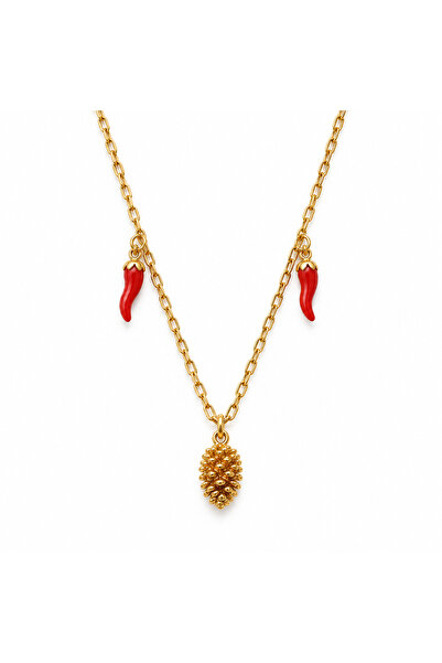 roshel Steel Necklace with Pine Cone and Red Pepper Charms Does Not Tarnish