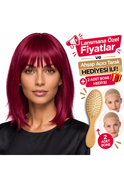 Lulu Bella Kadın Kızıl Küt Perçemli Peruk - 35 cm serisi 1. Kalite Isıya Daya...