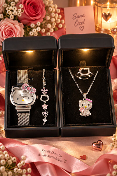 İNCİ sepette Hello kitty ışıklı kutu Takı seti Saat,Kolye, yüzük, bileklik 4 ...