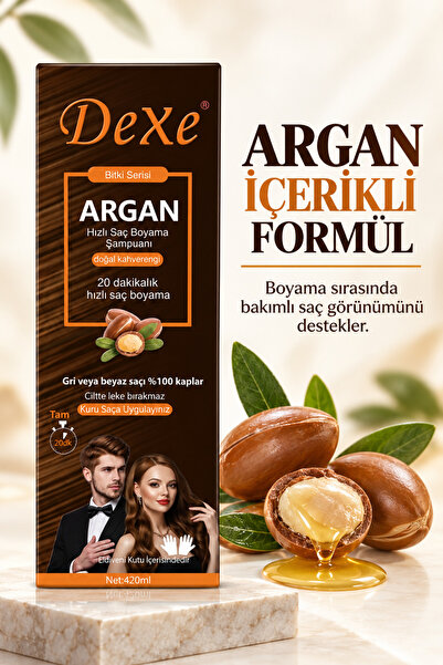 Dexe Argan Özlü Hızlı Saç Boyama Şampuanı Doğal Kahverengi 420 ml – 20 Dakikada %100 Beyaz Kapatma