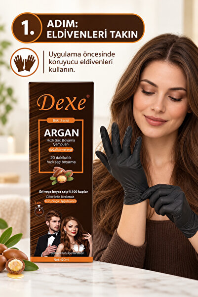 Dexe Argan Özlü Hızlı Saç Boyama Şampuanı Doğal Kahverengi 420 ml – 20 Dakikada %100 Beyaz Kapatma