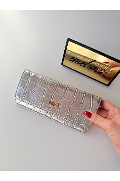 emelimin Women's Silver Crocodile Patterned Snap Fastener Multi-Compartment L...