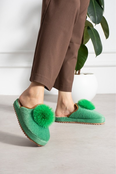 Moda Devrin Green Ponpon Winter Women's Slippers