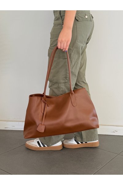 emelimin Women's Tan Large Volume Faux Leather Shoulder and Shoulder Bag with Magnetic Closure Daily Tote Bag