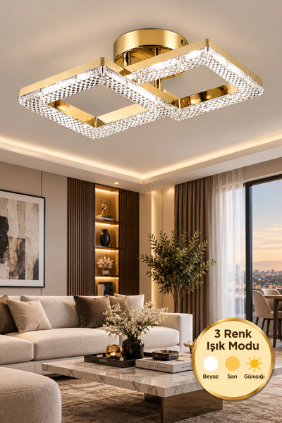 Lüxev Lighting Kare Model 2"li Gold 3 Renk Modu Ledli Modern Tavana sıfır Sal...