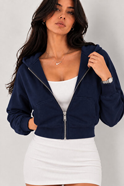 SANTAMİLA Hanorac de damă, albastru marin, cu fermoar, model crop