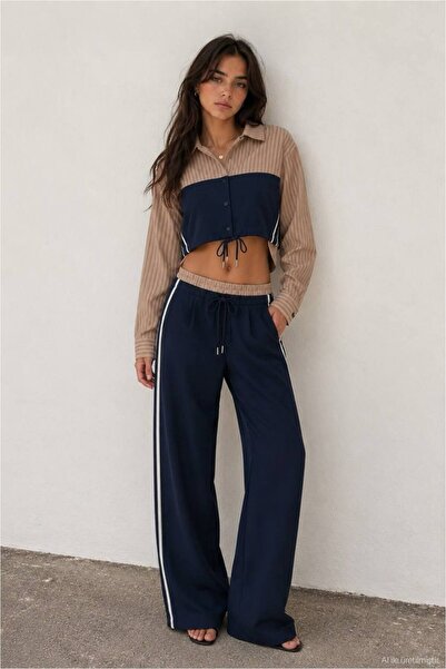 Quzu Match Detailed Striped Suit Navy Blue