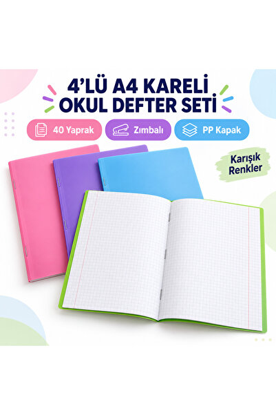 Srctech 4-Piece A4 40 Sheets Stapled Pp Cover Checkered School Notebook Set –...