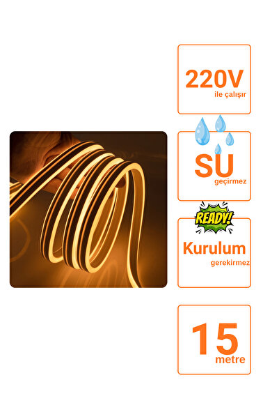 RMSGRUP 15 Metre Amber 220 Volt Neon Led Tak Çalıştır Esnek Şerit Neon Led Aydınlatma 8x16 Mm Hortum Led