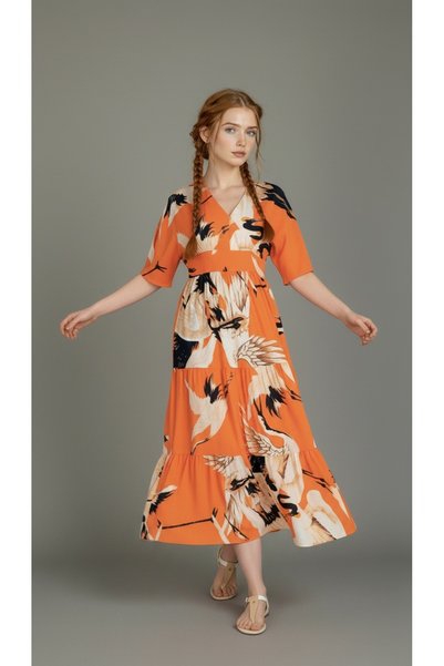 I BIZA Turna Patterned Maxi Dress Double Breasted V-Neck Half Sleeve Layered Skirt Coral Orange Dress