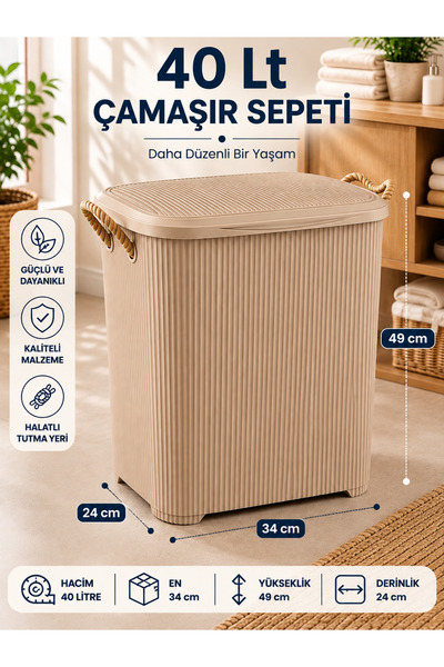 Buclee Liva Loft 40 L Kapaklı Çamaşır Sepeti – Halat Saplı