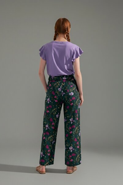 I BIZA Penye Pijama Takımı Fırfır Kollu V Yaka Lila Üst Çiçek Desenli Haki Bol Pantolon