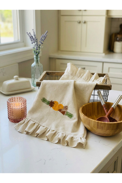 HOME OF BLOSSOM Raw Linen Embroidered Ruffled Kitchen Cloth 40*60cm
