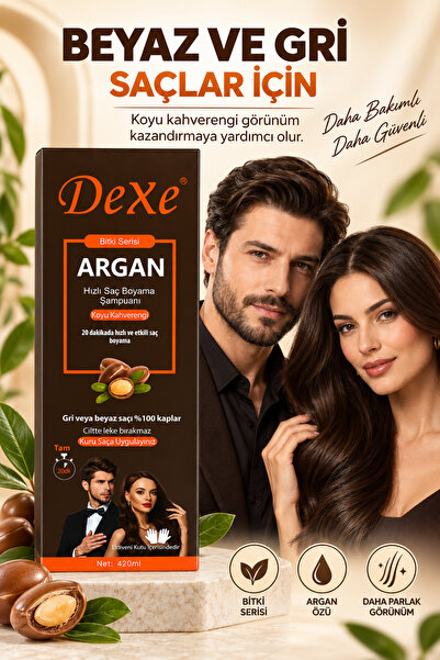 Dexe Argan Özlü Hızlı Saç Boyama Şampuanı Koyu Kahverengi 420 ml – 30 Dakikada %100 Beyaz Kapatma