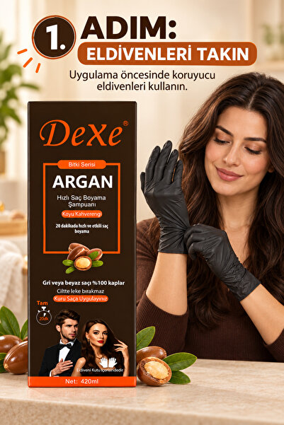 Dexe Argan Özlü Hızlı Saç Boyama Şampuanı Koyu Kahverengi 420 ml – 30 Dakikada %100 Beyaz Kapatma
