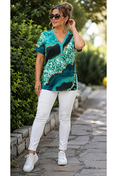 MODA ŞEHRİ Women's short sleeve v-neck button-front printed supreme blouse