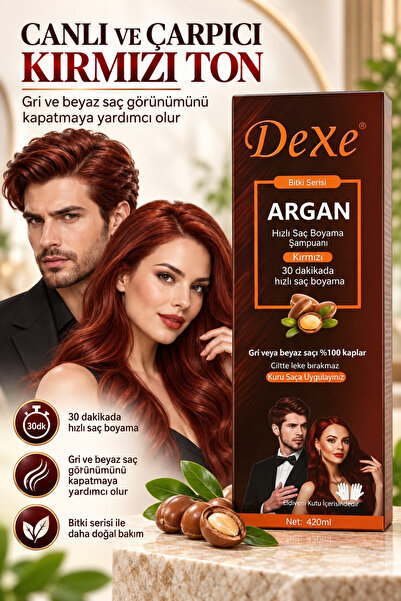 Dexe Argan Özlü Kırmızı Saç Boyama Şampuanı 420 ml – 30 Dakikada %100 Beyaz Kapatma