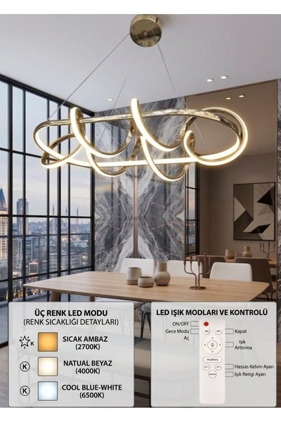 Akgül Karya Modern Dalga Kumandalı Gold Masaüstü Sarkıt Led Avize