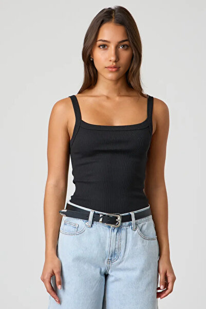 MİO ESTİLO Women's Thin Strap K Ribbed Knit F Corded Fabric Black Undershirt ...