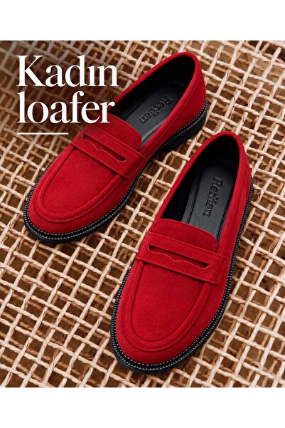 redtan Kadın Kırmızı Loafer Ayakkabı Süet Klasik Günlük Şık Comfort Casual Ay...