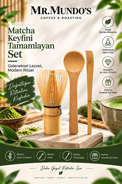 Mr. Mundo's Bambu Matcha Çayı Çırpıcı, Kaşık ve Ölçü Kaşığı 3 lü Set