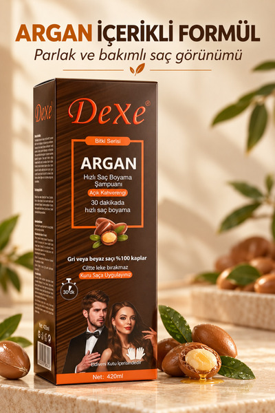 Dexe Argan Özlü Açık Kahverengi Saç Boyama Şampuanı 420 ml – 30 Dakikada %100 Beyaz Kapatma