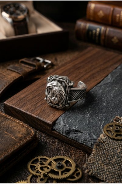 LapisButik Kartal Başı Motifli El İşçiliğiyle Yapılmış Ayarlanabilir Erkek Yüzük