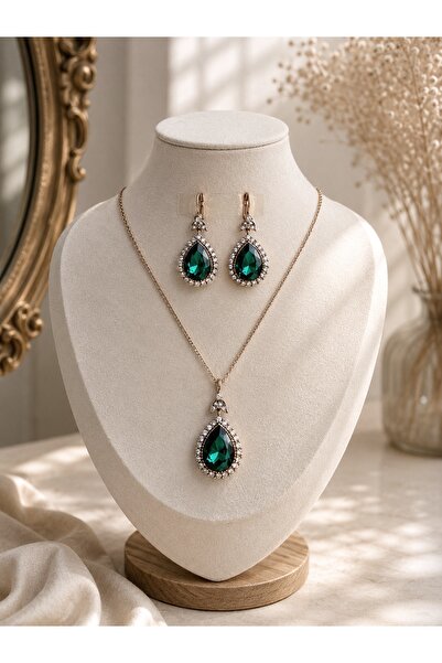 FAYRA ACCESSORIES طقم قلادة وأقراط على شكل قطرة ماء مرصعة بالكريستال