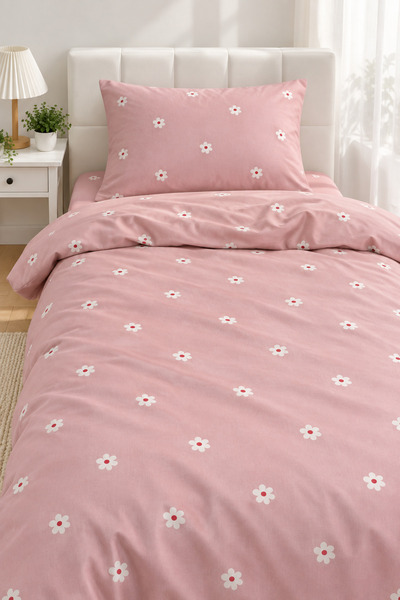 Evmila Çift Taraflı Çiçek Desenli - Baskılı Tek Kişilik Nevresim Takımı