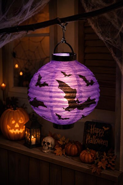 Patladı Gitti Halloween 20 cm Led Işıklı Yarasa Desenli Mor Renk Kağıt Japon ...