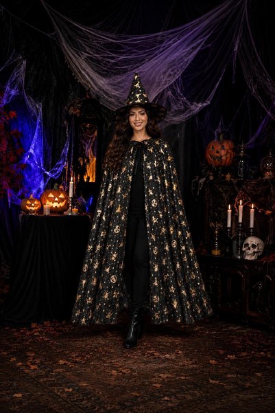 Patladı Gitti Halloween Cadılar Bayramı Gold Desenli Cadı Şapka ve Pelerin Set