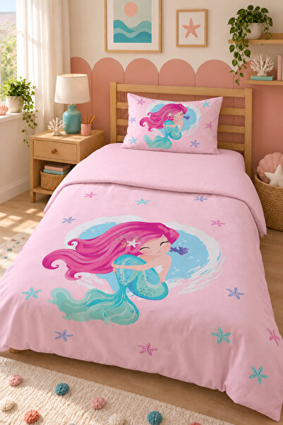Evmila Double Sided Mermaid Patterned - Printed Single Duvet Cover Set Pink