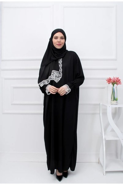 ALLURİNG THE BETTER ONE Seasonal Self-Head Scarf Lace Women's Prayer Dress, Anti-Sweat Prayer Clothing-Black