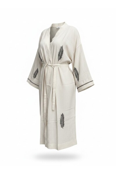 Monochrome Tekstil Tüy Desenli Keten Kimono Kaftan %50 Keten,%50 Pamuk
