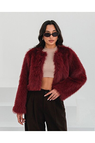 FERZOLAİO Crop Bordo Kürk Ceket