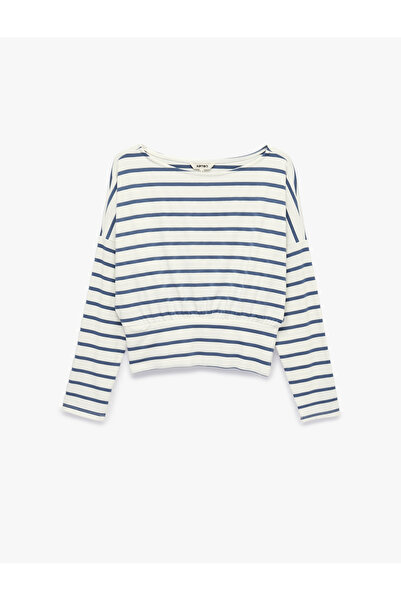 Koton Viscose Fabric Round Boat Neck Long Sleeve Waist Accent Striped T-Shirt