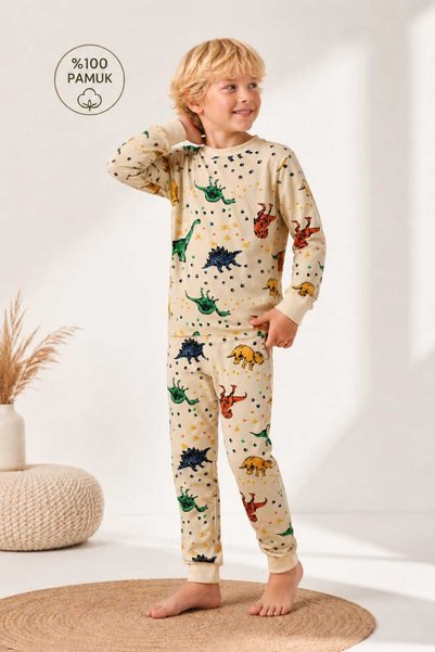 ROSAMİNA Erkek Çocuk %100 Pamuk Bej Dinazor Desen Pijama Takımı