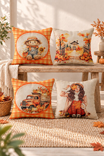 Evmila Velvet Texture Autumn and Halloween Special Pumpkin Patterned 4-Piece ...