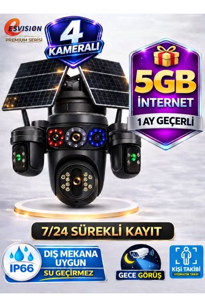 Esvision 7020 Kameralı 4G Çift Solar Panel Gece Görüş 1AY x 5GB internet Akıl...