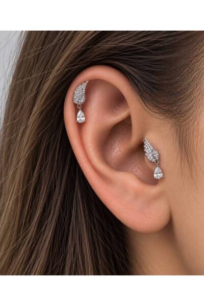Arescollection ZİRKON TAŞLI MELEK KANADI TRAGUS HELİX LOBE UYUMLU PİERCİNG KÜ...