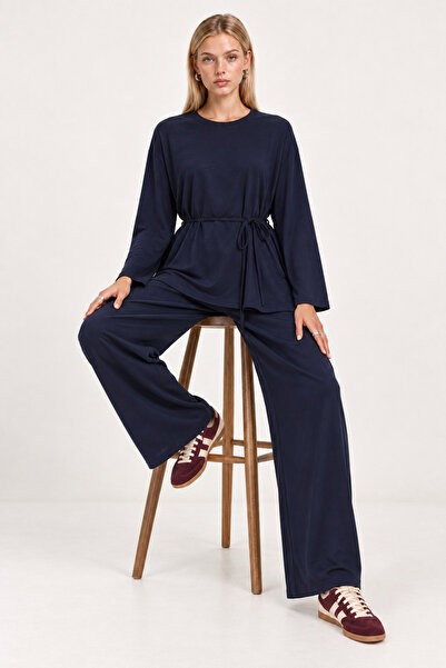 Lovelyİstanbul Tie-Dye Detailed Top and Bottom Modal Set Lby0075 Dark Blue