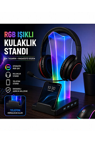 SepetteX RGB Kulaklık Standı | Telefon Tutucu Özellikli Masaüstü Stand