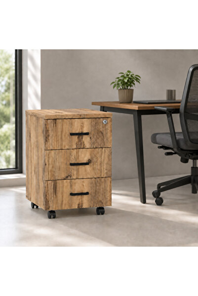 Legnof Office & Home Rustik Ahşap 3 Çekmeceli Sabit Keson - 40x45x58 Cm-ATLAN...